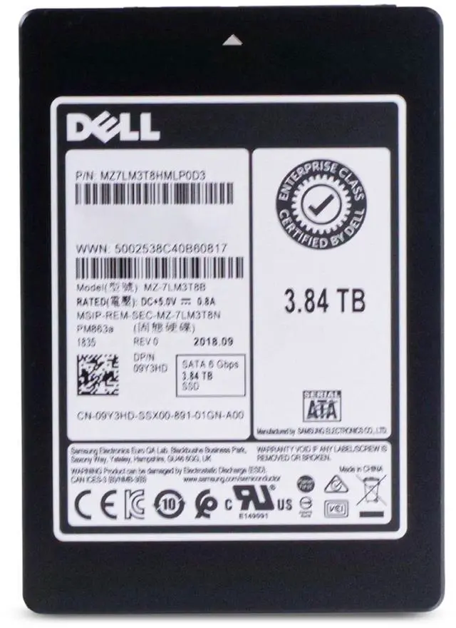 Alt view image 2 of 7 - Dell/Samsung PM863a MZ7LM3T8HMLP0D3 3.84TB 1.3 DWPD SATA 6Gb/s 3D TLC 2.5in Enterprise Solid State Drive