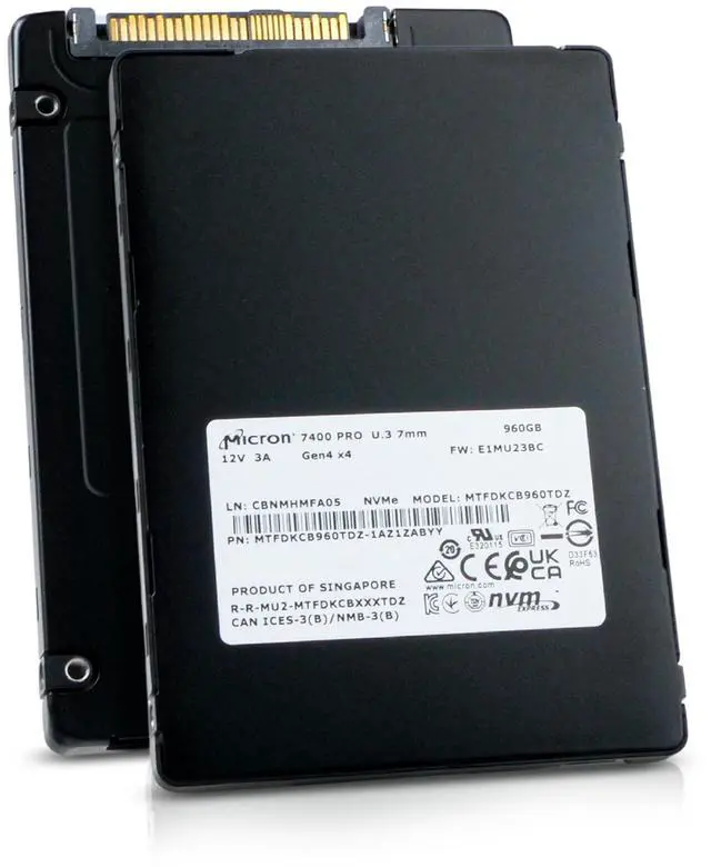 Alt view image 2 of 8 - Micron 7400 PRO 2.5" 960GB U.3 PCIe 4.0 (NVMe) Enterprise Solid State Drive - MTFDKCB960TDZ-1AZ1ZABYY