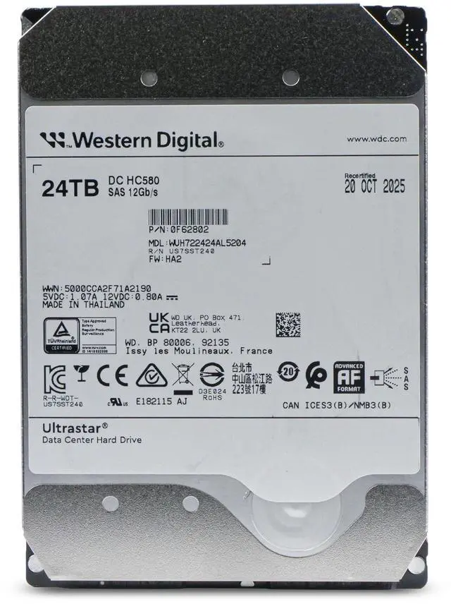 Alt view image 3 of 7 - Western Digital Ultrastar DC HC580 WUH722424AL5204 0F62802 24TB 7.2K RPM SAS 12Gb/s 512e 3.5in Enterprise Hard Drive