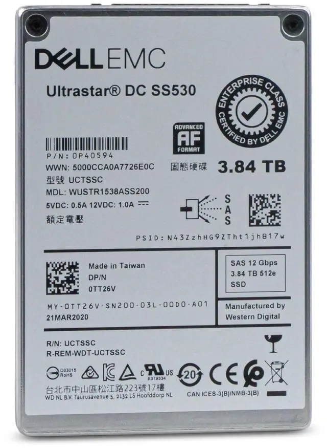 Alt view image 3 of 7 - Dell/Western Digital Ultrastar DC SS530 WUSTR1538ASS200 0P40594 3.84TB 1 DWPD SAS 12Gb/s 3D TLC 2.5in Enterprise Read Intensive Solid State Drive