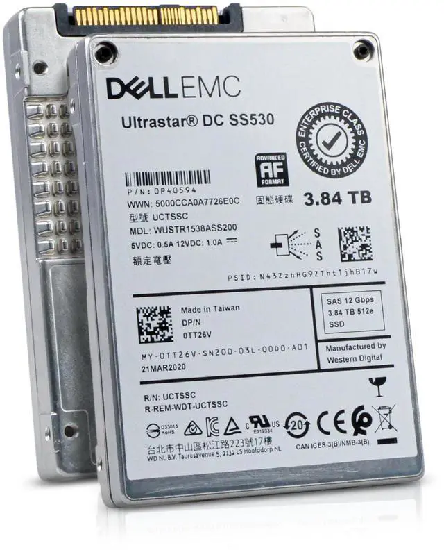 Main image of Dell/Western Digital Ultrastar DC SS530 WUSTR1538ASS200 0P40594 3.84TB 1 DWPD SAS 12Gb/s 3D TLC 2.5in Enterprise Read Intensive Solid State Drive