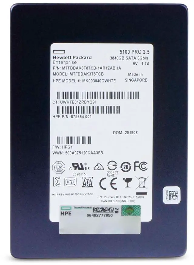 Alt view image 2 of 7 - HP/Micron 5100 PRO MTFDDAK3T8TCB 3.84TB 2.5 DWPD SATA 6 Gb/s 3D TLC 2.5in Enterprise Solid State Drive