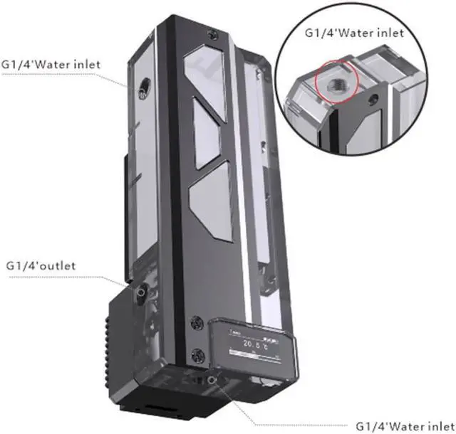Alt view image 5 of 7 - Bykski DDC Pump / 220mm Reservoir Station w/ Temp Digital Display and 5v Addressable RGB (RBW) (CP-DDC-X-TK220-V2)
