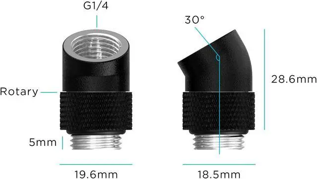 Alt view image 2 of 2 - PrimoChill Male to Female G1/4 30 Degree Rotary Elbow Fitting -  TX Matte Black