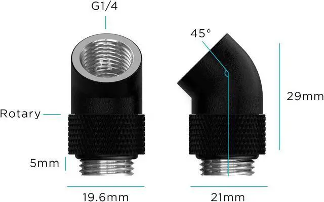 Alt view image 2 of 2 - PrimoChill Male to Female G 1/4in. 45 Degree SX Rotary Elbow Fitting