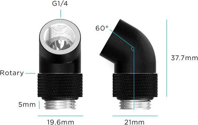 Alt view image 2 of 2 - PrimoChill Male to Female G 1/4in. 60 Degree SX Rotary Elbow Fitting