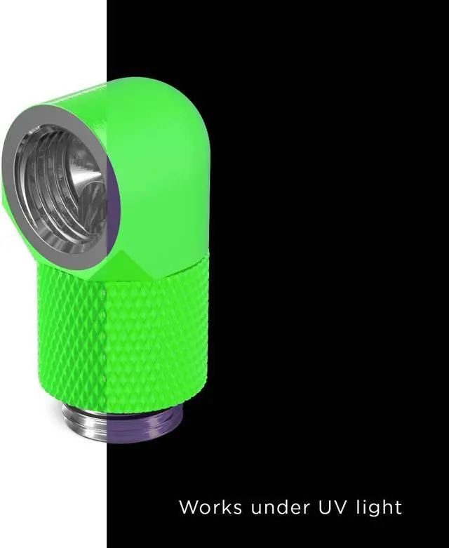Alt view image 2 of 3 - PrimoChill Male to Female G1/4 90 Degree Rotary 15mm Extension Elbow Fitting - UV Green
