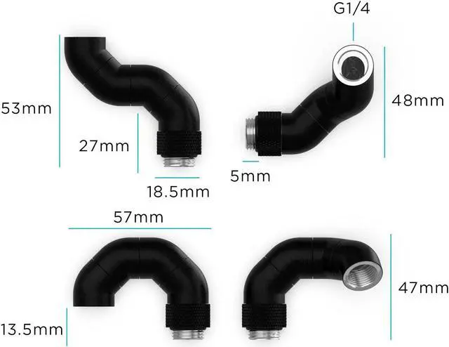 Alt view image 2 of 2 - PrimoChill Male to Female G 1/4in. 180 Degree SX Triple Rotary Elbow Fitting