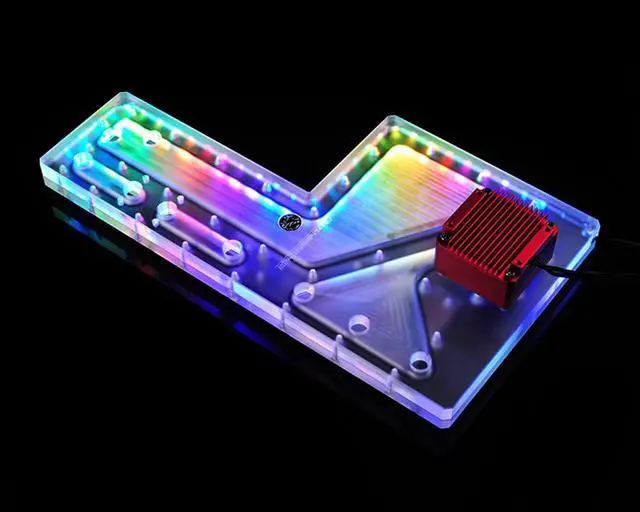 Alt view image 3 of 7 - Bykski Distro Plate For Cooler Master Cosmos II - Frosted PMMA w/ 5v Addressable RGB (RBW) - Black Pump Included (RGV-CM-COS2-25TH-P-F)