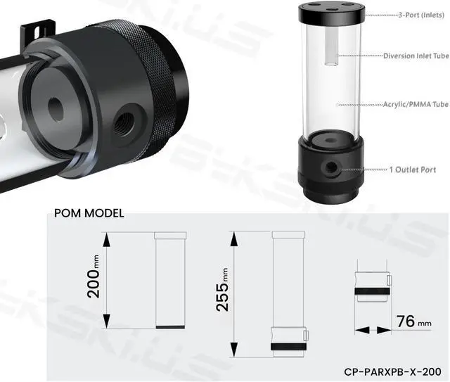 Alt view image 3 of 4 - Bykski Silent PARX Pump (330L/H) / Acrylic Reservoir Combo - Black POM (CP-PARX-X-CT60)