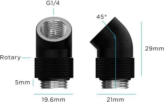 Alt view image 2 of 2 - PrimoChill Male to Female G 1/4in. 45 Degree SX Rotary Elbow Fitting