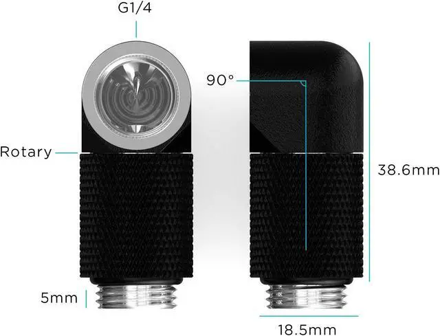 Alt view image 2 of 2 - PrimoChill Male to Female G 1/4in. 90 Degree SX Rotary 20mm Extension Elbow Fitting
