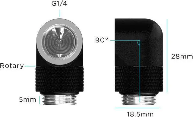 Alt view image 2 of 2 - PrimoChill Male to Female G 1/4in. 90 Degree SX Rotary Elbow Fitting
