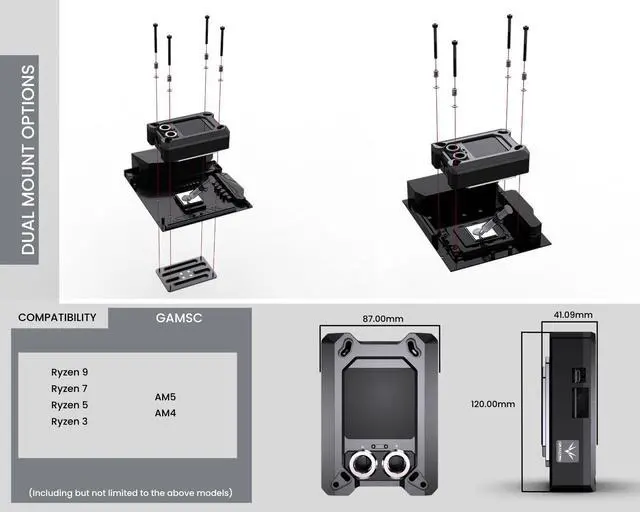 Alt view image 6 of 6 - Granzon GAMSC CPU Water Cooling Block w/ Temp Digital Display - Black (AMD AM5 / AM4 / Ryzen 3/5/7/9)