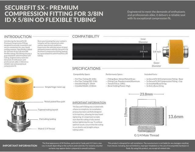 Alt view image 3 of 7 - PrimoChill SecureFit SX - Premium Compression Fitting For 3/8in ID x 5/8in OD Flexible Tubing (F-SFSX58) - Available in 20+ Colors, Custom Watercooling Loop Ready