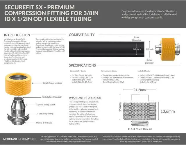 Alt view image 3 of 7 - PrimoChill SecureFit SX - Premium Compression Fitting For 3/8in ID x 1/2in OD Flexible Tubing (F-SFSX12) - Available in 20+ Colors, Custom Watercooling Loop Ready