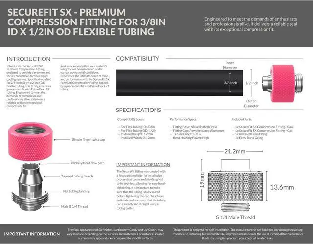 Alt view image 4 of 7 - PrimoChill SecureFit SX - Premium Compression Fitting For 3/8in ID x 1/2in OD Flexible Tubing (F-SFSX12) - Available in 20+ Colors, Custom Watercooling Loop Ready