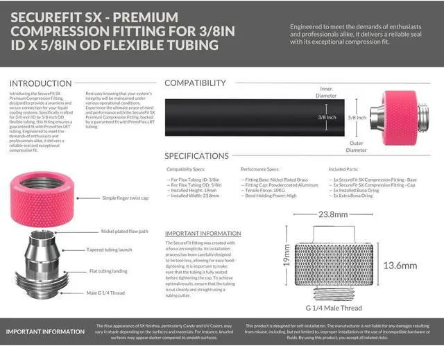 Alt view image 4 of 7 - PrimoChill SecureFit SX - Premium Compression Fitting For 3/8in ID x 5/8in OD Flexible Tubing 12 Pack (F-SFSX58-12) - Available in 20+ Colors, Custom Watercooling Loop Ready