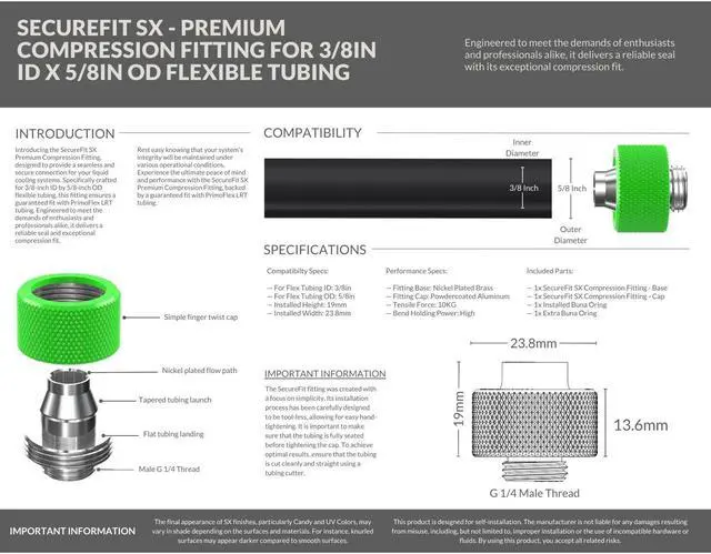 Alt view image 4 of 7 - PrimoChill SecureFit SX - Premium Compression Fitting For 3/8in ID x 5/8in OD Flexible Tubing 12 Pack (F-SFSX58-12) - Available in 20+ Colors, Custom Watercooling Loop Ready