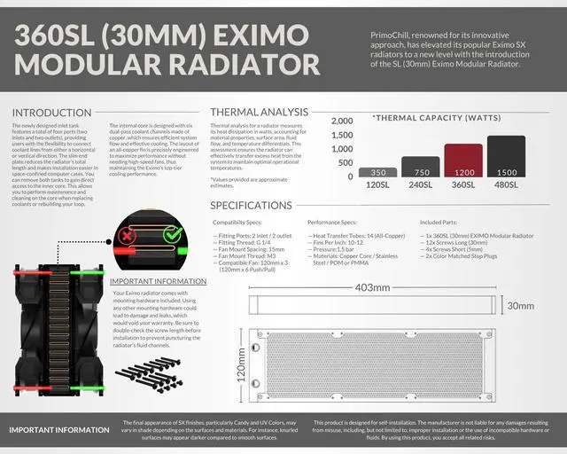 Alt view image 6 of 7 - PrimoChill 360SL (30mm) EXIMO Modular Radiator, Black POM, 3x120mm, Triple Fan (R-SL-BK36) Available in 20+ Colors, Assembled in USA and Custom Watercooling Loop Ready