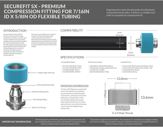 Alt view image 3 of 7 - PrimoChill SecureFit SX - Premium Compression Fitting For 7/16in ID x 5/8in OD Flexible Tubing 6 Pack (F-SFSX758-6) - Available in 20+ Colors, Custom Watercooling Loop Ready