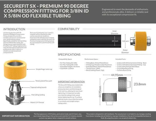 Alt view image 4 of 5 - PrimoChill SecureFit SX - Premium 90 Degree Compression Fitting Set For 3/8in ID x 5/8in OD Flexible Tubing (F-SFSX5890) - Available in 20+ Colors, Custom Watercooling Loop Ready
