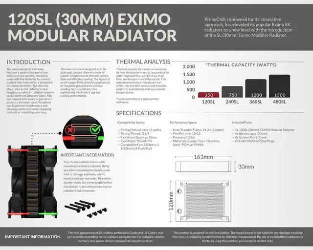 Alt view image 6 of 7 - PrimoChill 120SL (30mm) EXIMO Modular Radiator, Black POM, 1x120mm, Single Fan (R-SL-BK12) Available in 20+ Colors, Assembled in USA and Custom Watercooling Loop Ready
