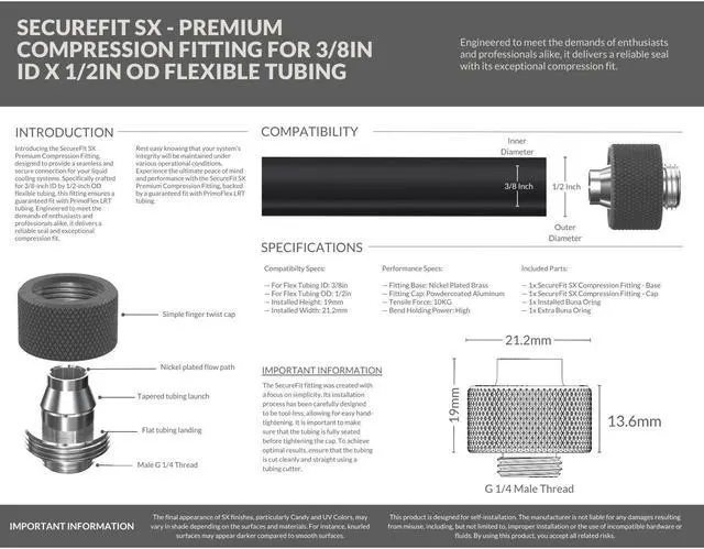 Alt view image 3 of 7 - PrimoChill SecureFit SX - Premium Compression Fitting For 3/8in ID x 1/2in OD Flexible Tubing 12 Pack (F-SFSX12-12) - Available in 20+ Colors, Custom Watercooling Loop Ready