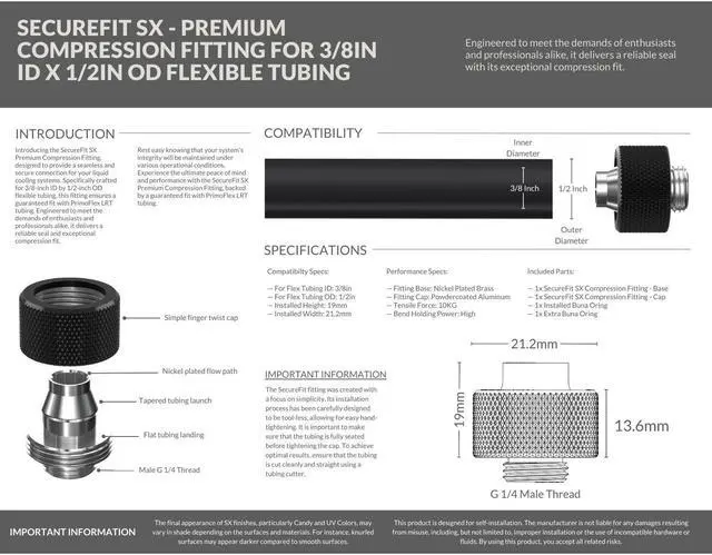 Alt view image 3 of 7 - PrimoChill SecureFit SX - Premium Compression Fitting For 3/8in ID x 1/2in OD Flexible Tubing 12 Pack (F-SFSX12-12) - Available in 20+ Colors, Custom Watercooling Loop Ready