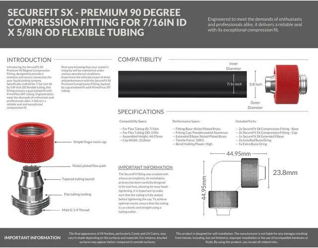 Alt view image 4 of 5 - PrimoChill SecureFit SX - Premium 90 Degree Compression Fitting Set For 7/16in ID x 5/8in OD Flexible Tubing (F-SFSX75890) - Available in 20+ Colors, Custom Watercooling Loop Ready