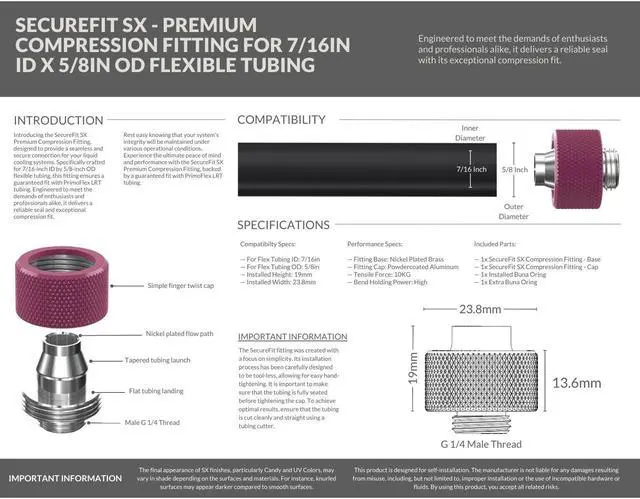 Alt view image 3 of 6 - PrimoChill SecureFit SX - Premium Compression Fitting For 7/16in ID x 5/8in OD Flexible Tubing 12 Pack (F-SFSX758-12) - Available in 20+ Colors, Custom Watercooling Loop Ready