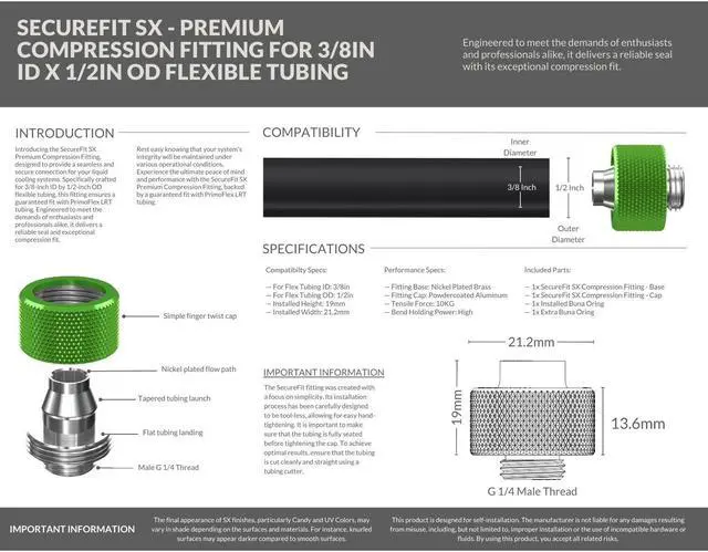 Alt view image 3 of 7 - PrimoChill SecureFit SX - Premium Compression Fitting For 3/8in ID x 1/2in OD Flexible Tubing 6 Pack (F-SFSX12-6) - Available in 20+ Colors, Custom Watercooling Loop Ready