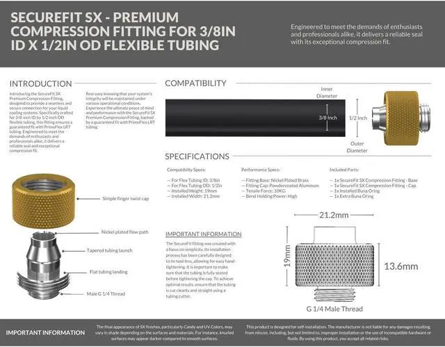 Alt view image 3 of 7 - PrimoChill SecureFit SX - Premium Compression Fitting For 3/8in ID x 1/2in OD Flexible Tubing 6 Pack (F-SFSX12-6) - Available in 20+ Colors, Custom Watercooling Loop Ready