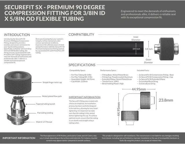 Alt view image 4 of 5 - PrimoChill SecureFit SX - Premium 90 Degree Compression Fitting Set For 3/8in ID x 5/8in OD Flexible Tubing (F-SFSX5890) - Available in 20+ Colors, Custom Watercooling Loop Ready