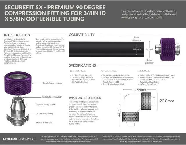 Alt view image 3 of 5 - PrimoChill SecureFit SX - Premium 90 Degree Compression Fitting Set For 3/8in ID x 5/8in OD Flexible Tubing (F-SFSX5890) - Available in 20+ Colors, Custom Watercooling Loop Ready
