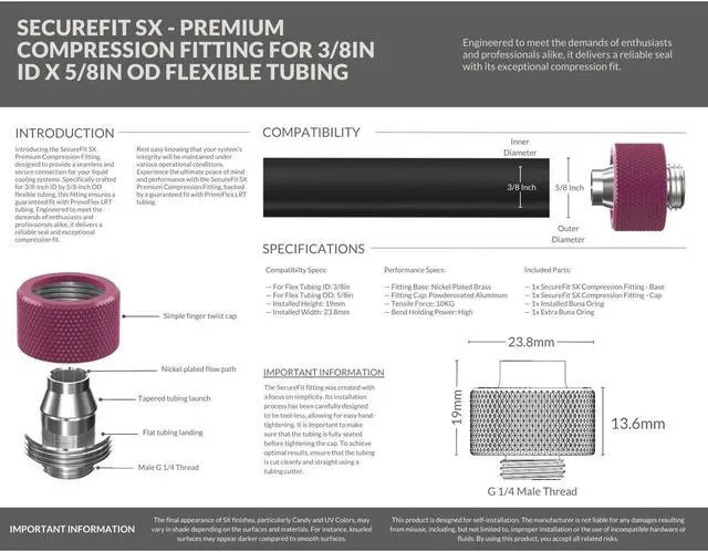 Alt view image 3 of 7 - PrimoChill SecureFit SX - Premium Compression Fitting For 3/8in ID x 5/8in OD Flexible Tubing 6 Pack (F-SFSX58-6) - Available in 20+ Colors, Custom Watercooling Loop Ready