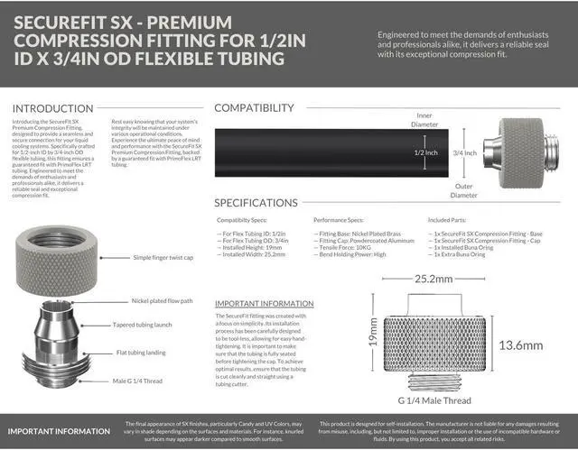 Alt view image 3 of 7 - PrimoChill SecureFit SX - Premium Compression Fittings 12 Pack - For 1/2in ID x 3/4in OD Flexible Tubing (F-SFSX34-12) - Available in 20+ Colors, Custom Watercooling Loop Ready