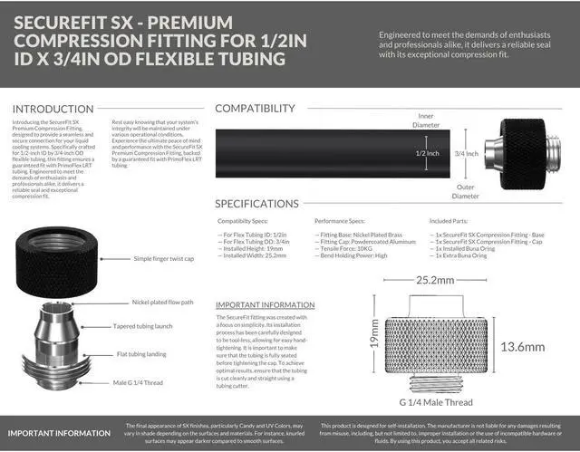 Alt view image 3 of 7 - PrimoChill SecureFit SX - Premium Compression Fittings 6 Pack - For 1/2in ID x 3/4in OD Flexible Tubing (F-SFSX34-6) - Available in 20+ Colors, Custom Watercooling Loop Ready
