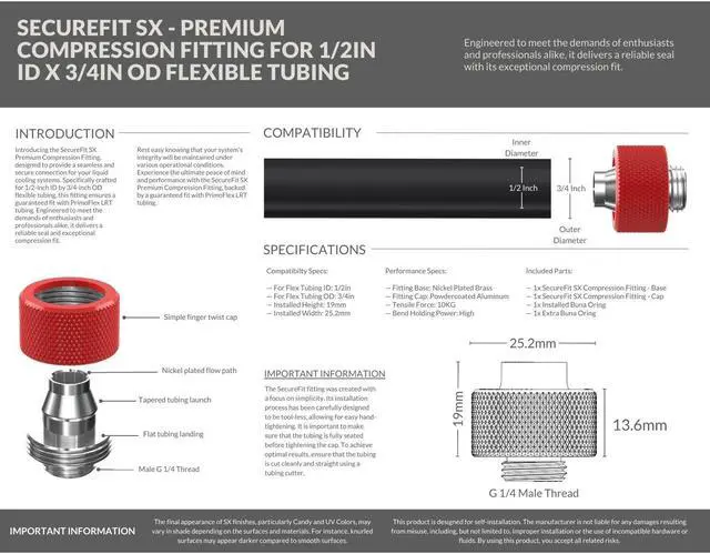 Alt view image 3 of 7 - PrimoChill SecureFit SX - Premium Compression Fittings 6 Pack - For 1/2in ID x 3/4in OD Flexible Tubing (F-SFSX34-6) - Available in 20+ Colors, Custom Watercooling Loop Ready
