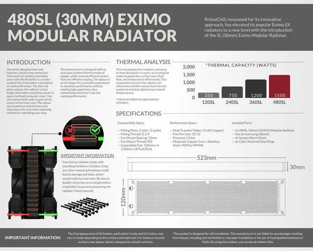 Alt view image 6 of 7 - PrimoChill 480SL (30mm) EXIMO Modular Radiator, Black POM, 4x120mm, Quad Fan (R-SL-BK48) Available in 20+ Colors, Assembled in USA and Custom Watercooling Loop Ready