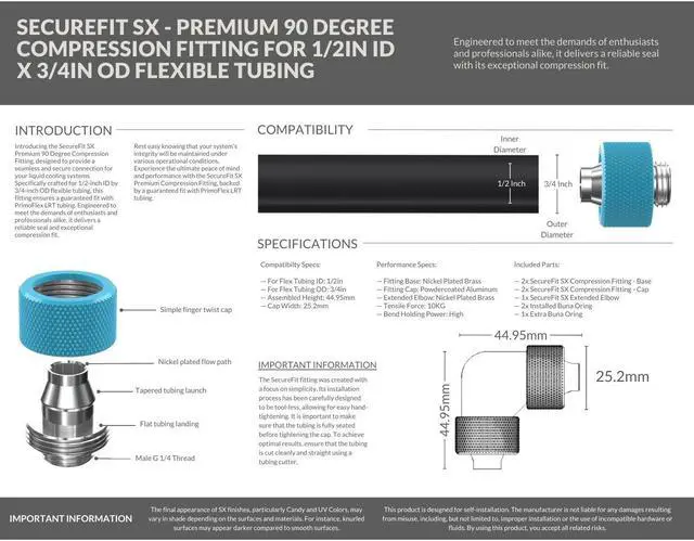 Alt view image 4 of 5 - PrimoChill SecureFit SX - Premium 90 Degree Compression Fitting Set For 1/2in ID x 3/4in OD Flexible Tubing (F-SFSX3490) - Available in 20+ Colors, Custom Watercooling Loop Ready