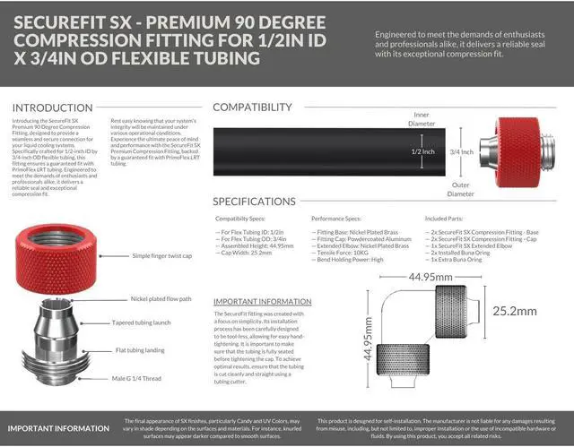 Alt view image 4 of 5 - PrimoChill SecureFit SX - Premium 90 Degree Compression Fitting Set For 1/2in ID x 3/4in OD Flexible Tubing (F-SFSX3490) - Available in 20+ Colors, Custom Watercooling Loop Ready