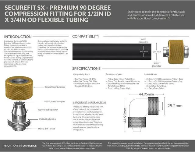 Alt view image 4 of 5 - PrimoChill SecureFit SX - Premium 90 Degree Compression Fitting Set For 1/2in ID x 3/4in OD Flexible Tubing (F-SFSX3490) - Available in 20+ Colors, Custom Watercooling Loop Ready