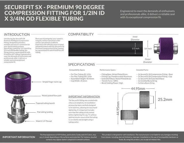 Alt view image 4 of 5 - PrimoChill SecureFit SX - Premium 90 Degree Compression Fitting Set For 1/2in ID x 3/4in OD Flexible Tubing (F-SFSX3490) - Available in 20+ Colors, Custom Watercooling Loop Ready