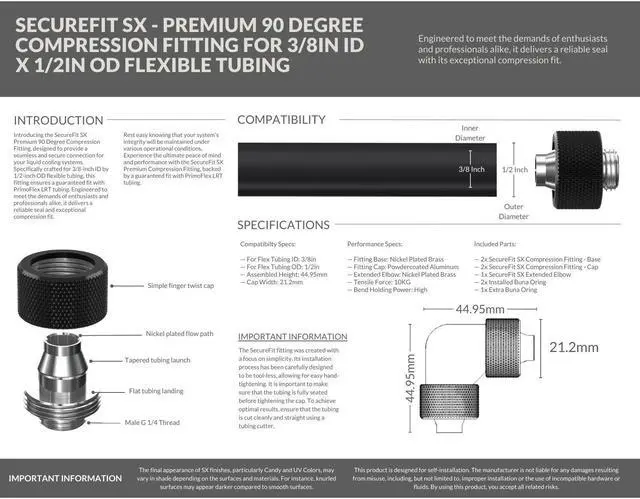 Alt view image 4 of 5 - PrimoChill SecureFit SX - Premium 90 Degree Compression Fitting Set For 3/8in ID x 1/2in OD Flexible Tubing (F-SFSX1290) - Available in 20+ Colors, Custom Watercooling Loop Ready