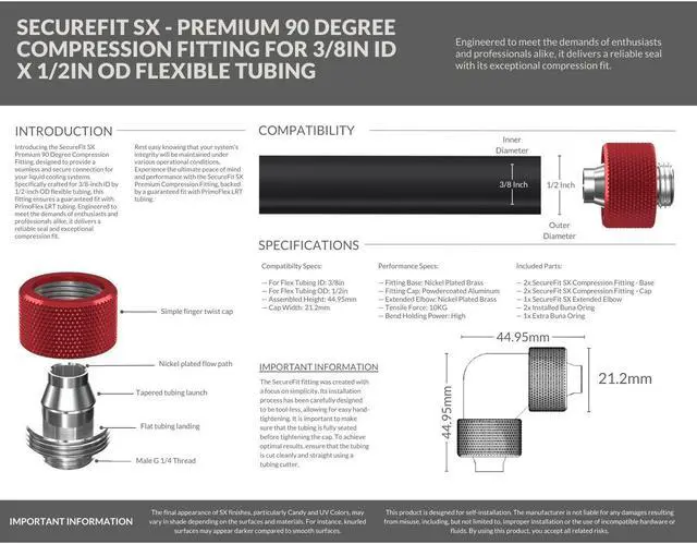 Alt view image 4 of 5 - PrimoChill SecureFit SX - Premium 90 Degree Compression Fitting Set For 3/8in ID x 1/2in OD Flexible Tubing (F-SFSX1290) - Available in 20+ Colors, Custom Watercooling Loop Ready