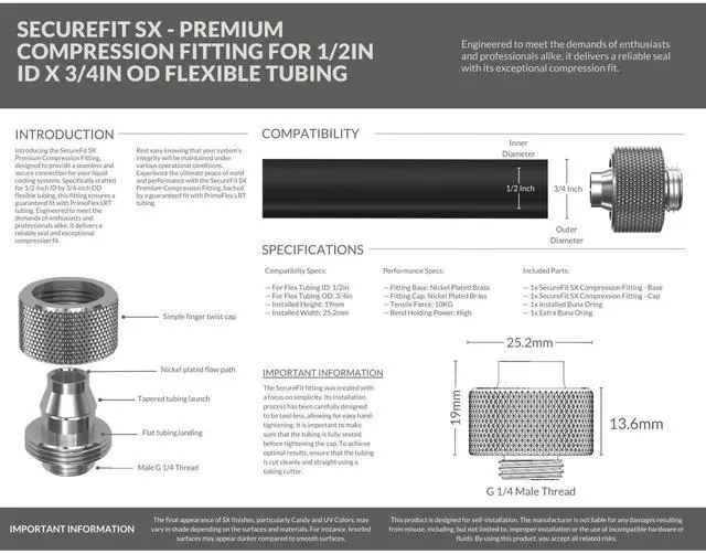 Alt view image 3 of 7 - PrimoChill SecureFit SX - Premium Compression Fitting For 1/2in ID x 3/4in OD Flexible Tubing (F-SFSX34) - Available in 20+ Colors, Custom Watercooling Loop Ready