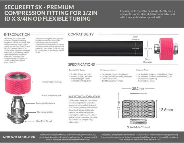 Alt view image 4 of 7 - PrimoChill SecureFit SX - Premium Compression Fitting For 1/2in ID x 3/4in OD Flexible Tubing (F-SFSX34) - Available in 20+ Colors, Custom Watercooling Loop Ready