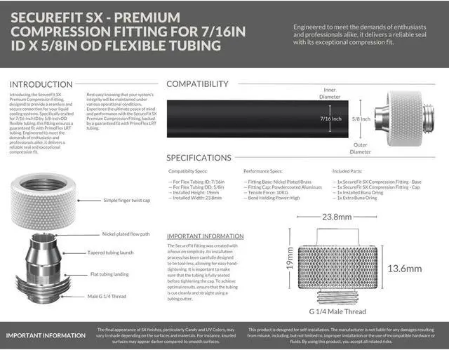Alt view image 3 of 7 - PrimoChill SecureFit SX - Premium Compression Fitting For 7/16in ID x 5/8in OD Flexible Tubing (F-SFSX758) - Available in 20+ Colors, Custom Watercooling Loop Ready