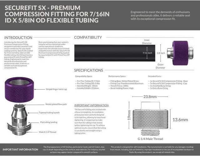 Alt view image 3 of 7 - PrimoChill SecureFit SX - Premium Compression Fitting For 7/16in ID x 5/8in OD Flexible Tubing (F-SFSX758) - Available in 20+ Colors, Custom Watercooling Loop Ready